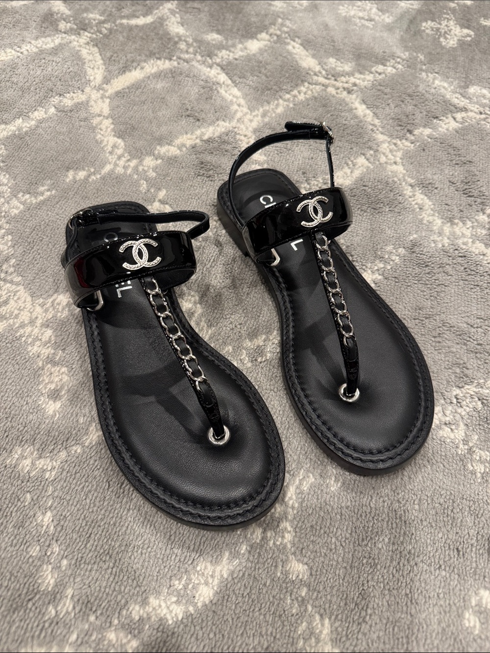 Authentic Black Chanel patent t-strap sandals